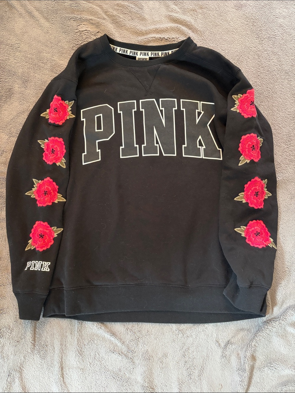 Victoria's Secret PINK Black Sweatshirt with Red Embroidered Rose Sleeves